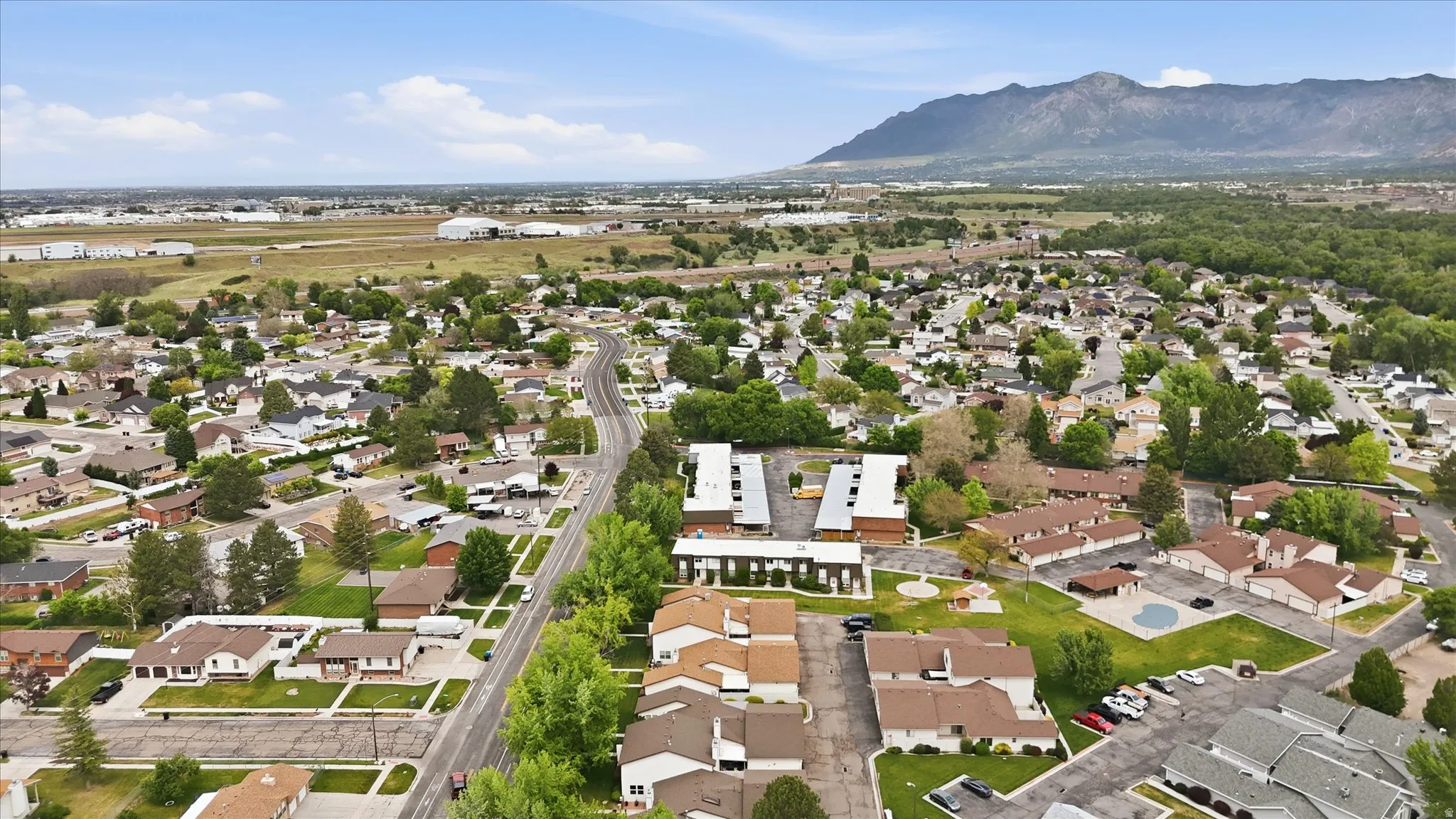 Aerial perspective showcasing a residential community with varied architectural styles