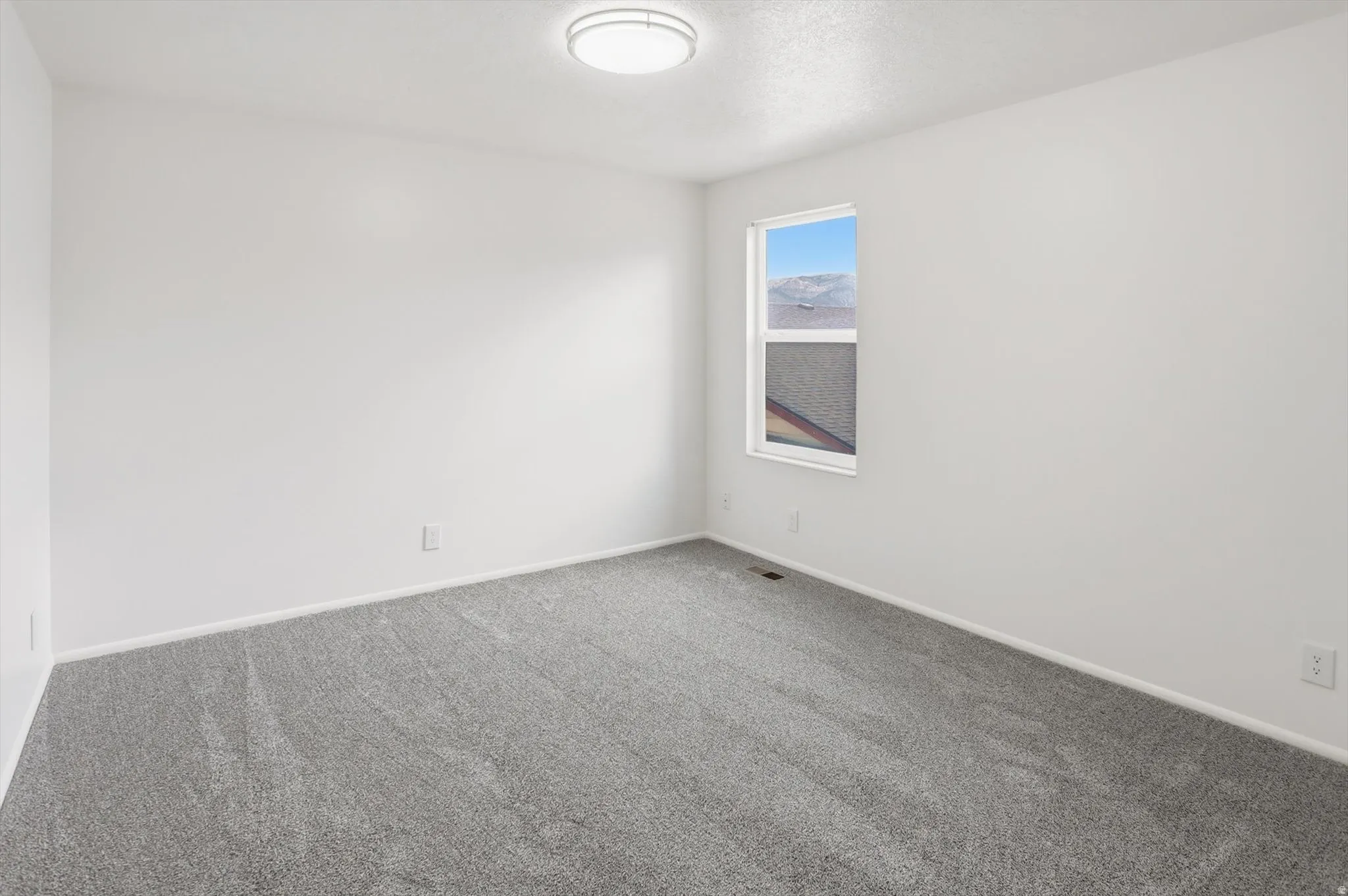 Neutral-toned wall-to-wall carpeting and bright white walls establish a versatile interior space
