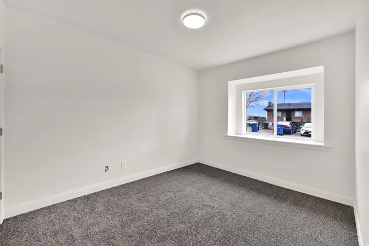 Neutral white wall finishes, crisp white trim, and dark gray carpeting