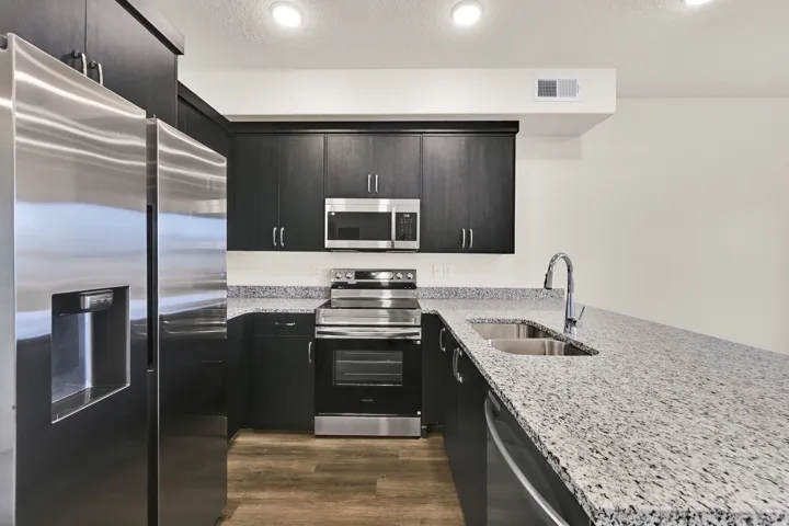Kitchen featuring dark wood-finish cabinetry, stainless steel appliances, speckled stone countertops, and wood-finish flooring