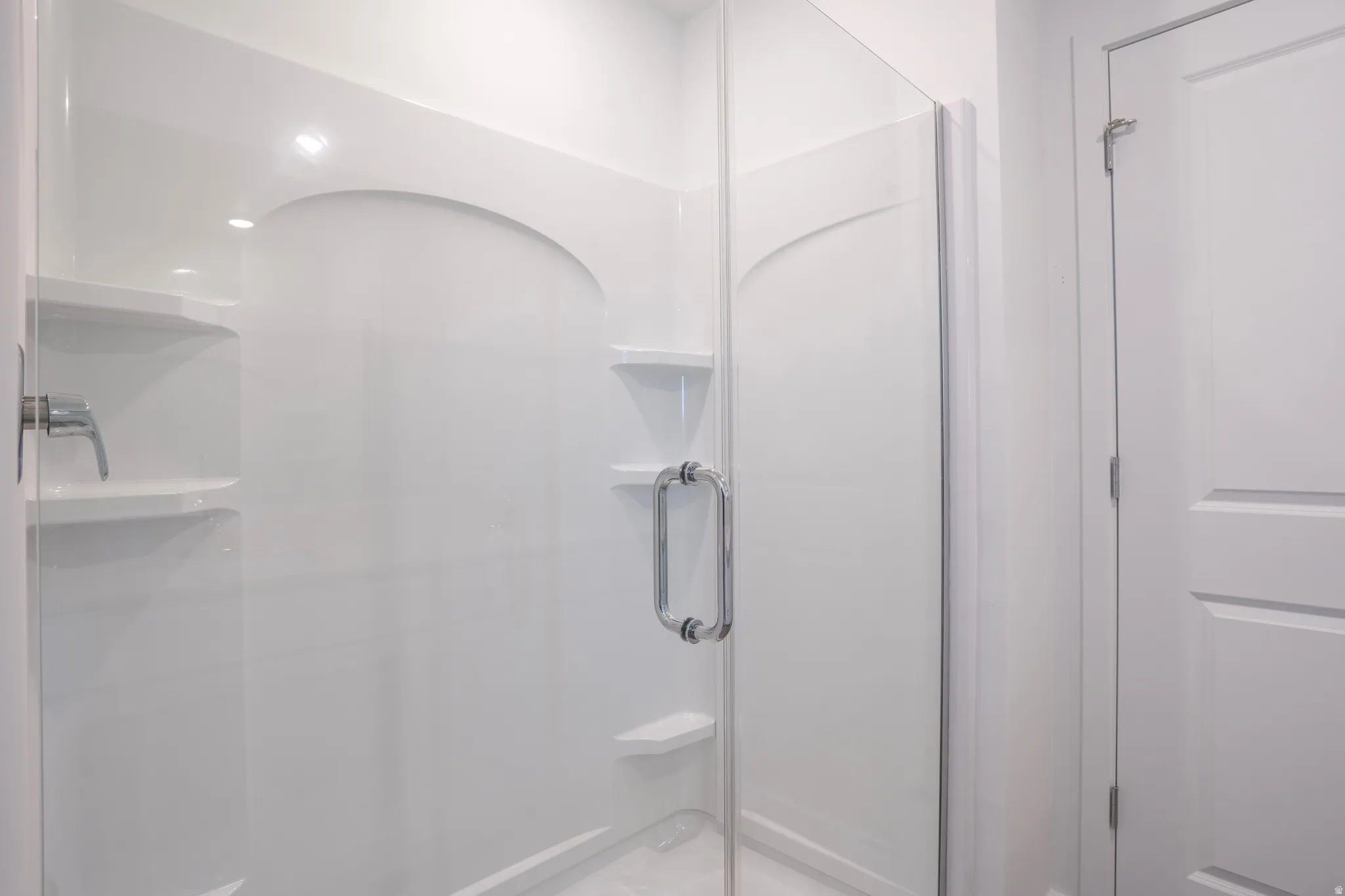 Enclosed shower with clear glass door, chrome hardware, built-in shelving, and a recessed light fixture