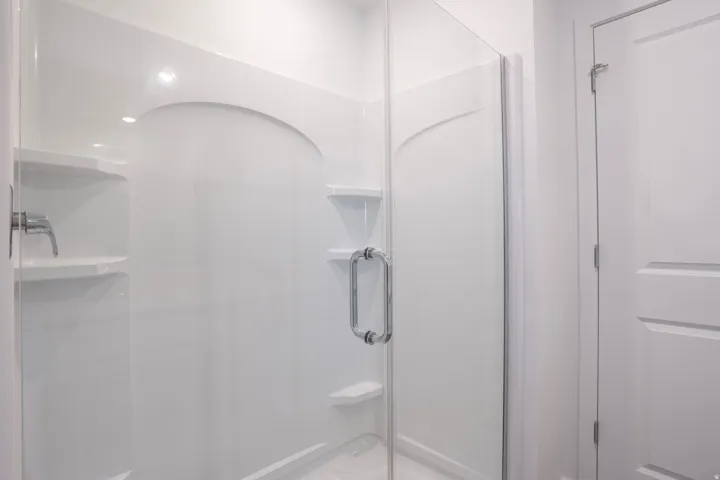 Enclosed shower with clear glass door, chrome hardware, built-in shelving, and a recessed light fixture