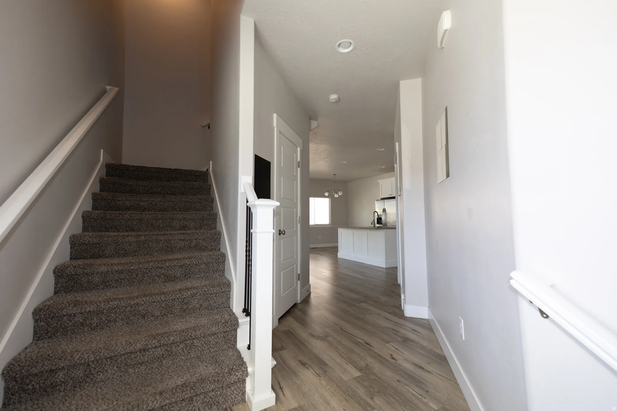 Entryway featuring wood-finish flooring, a carpeted staircase with white handrails, white interior doors, and recessed lighting