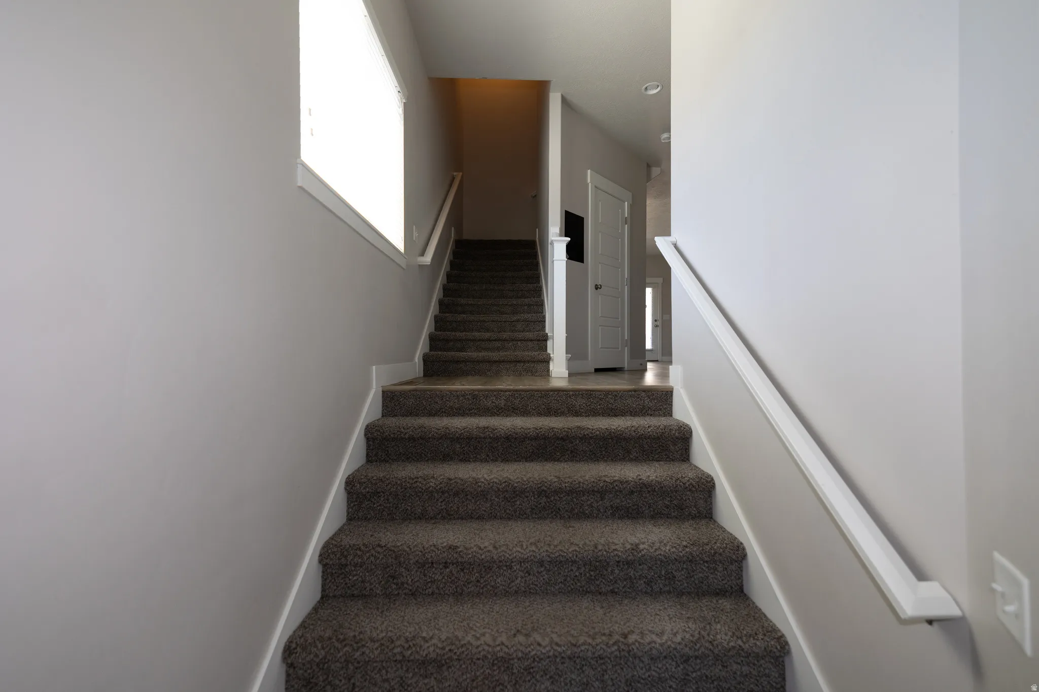 Carpeted staircase with white risers and handrails