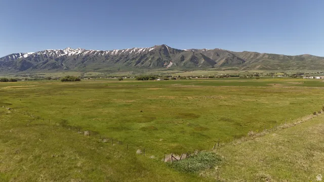 Expansive green acreage with distant snow-capped mountains