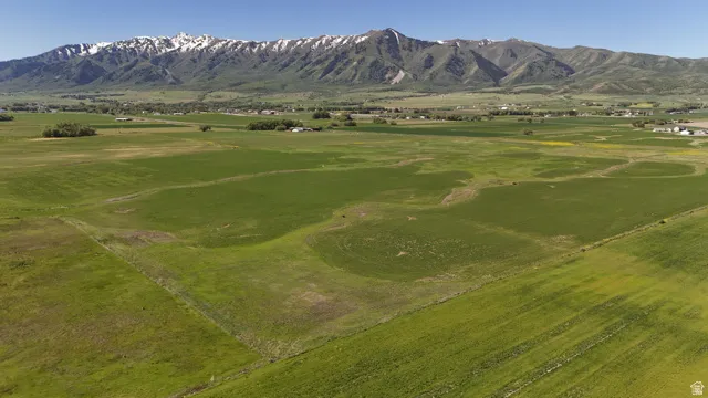 Expansive green fields with distant snow-capped mountains and scattered residential structures