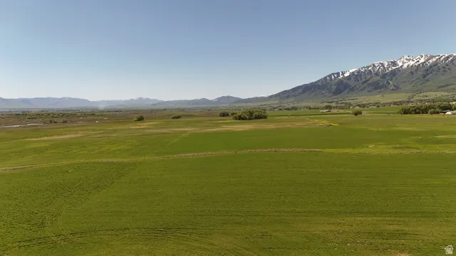Expansive agricultural fields with distant snow-capped mountains under a clear sky