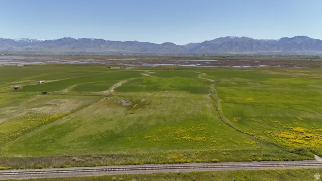 Expansive green fields featuring natural water features and distant snow-capped mountains