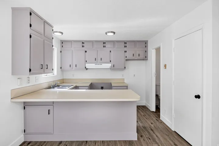 Kitchen featuring light gray cabinetry with black hardware, complementing countertops, a stainless steel double basin sink, and wood-finish flooring