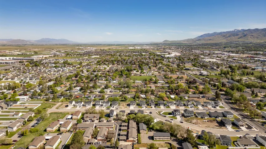 Expansive aerial perspective showcasing a residential area with a diverse range of homes