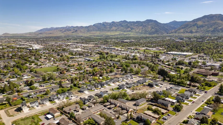 Aerial perspective showcasing a residential area with varied housing styles