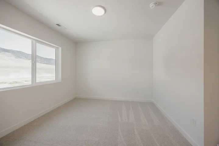 Bright interior room featuring a large window with mountain scenery, neutral-toned carpeting, white walls, and a flush-mount ceiling light fixture