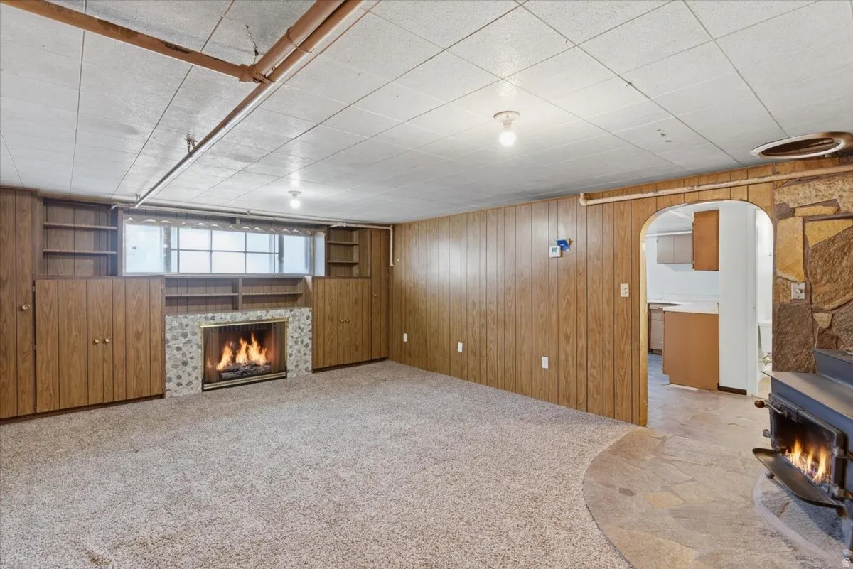 Carpeted living area featuring a stone-faced fireplace with hearth, wood paneling, and built-in shelving and cabinetry