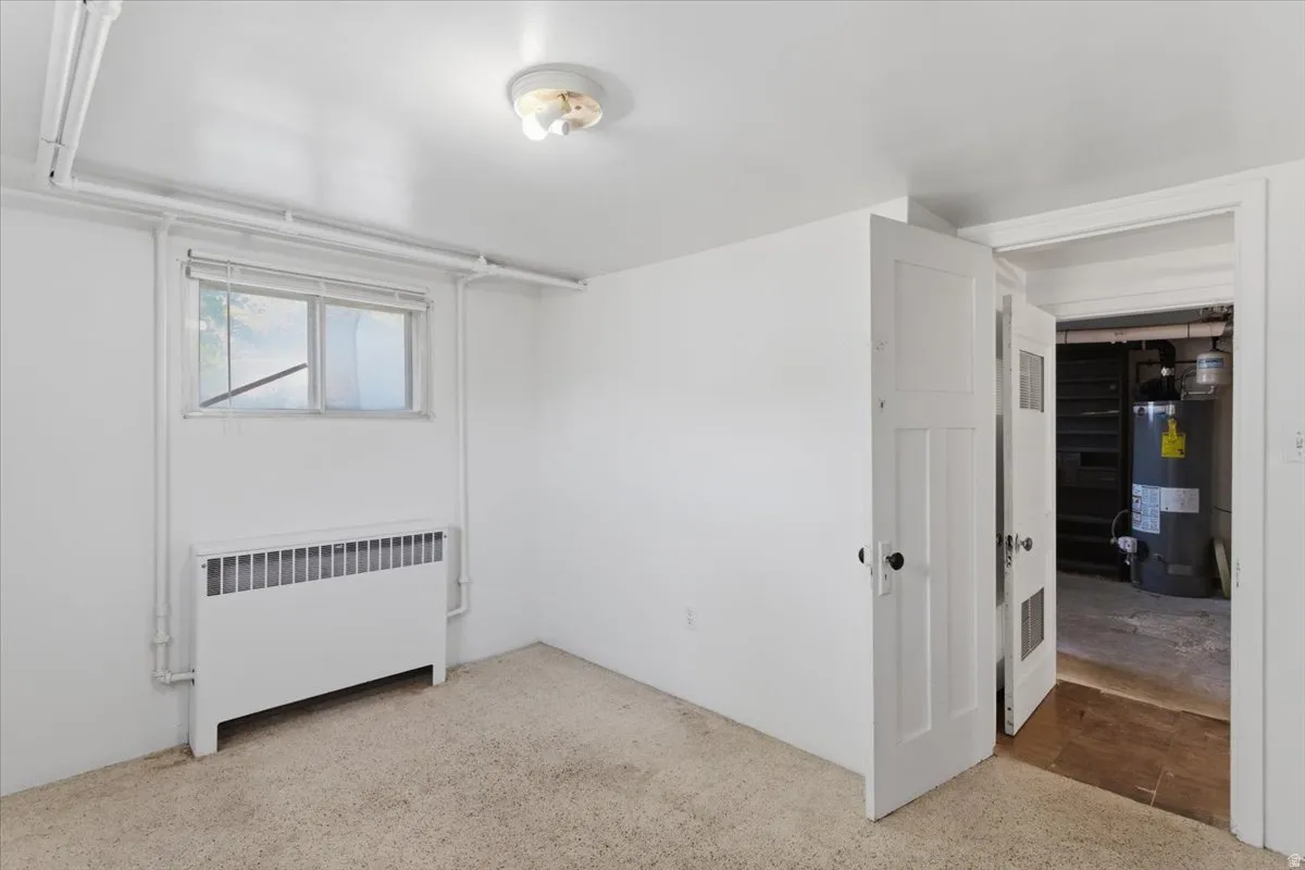 Lower level room with neutral carpeting, white walls, and a ceiling-mounted light fixture