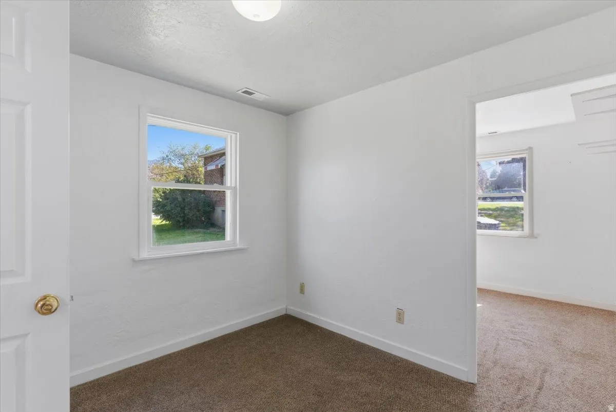 White interior room featuring a double-hung window, brown carpet, and a flush mount ceiling light