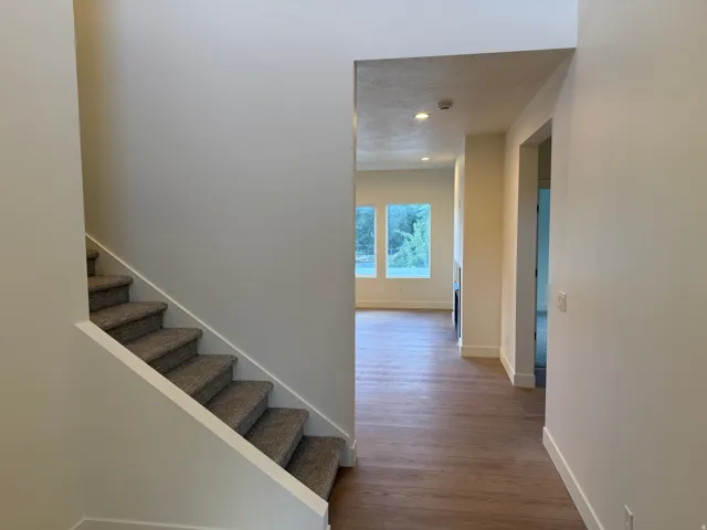 Carpeted staircase with white risers, wood-finish flooring, recessed lighting, and multiple windows