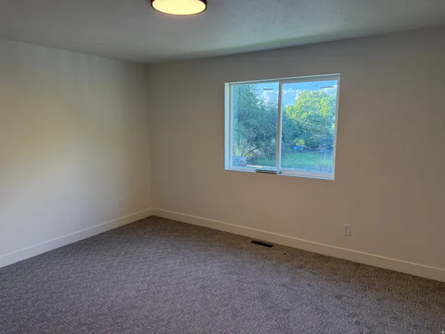 Neutral wall color, patterned carpet flooring, recessed window, and flush-mount ceiling light