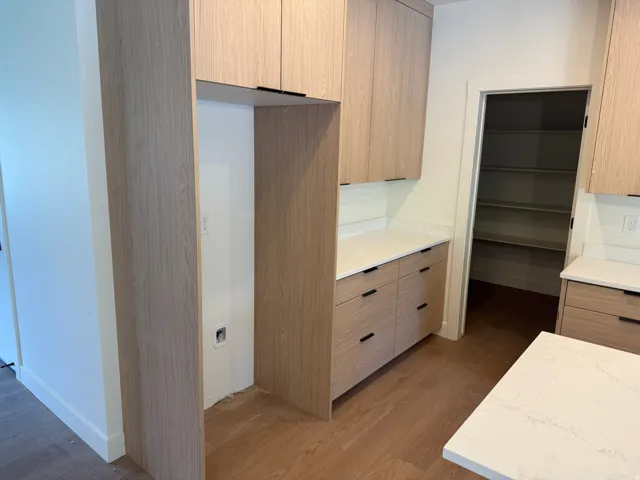 Wood-finish flooring, white countertops, light wood-finish cabinetry with black hardware, and a walk-in pantry