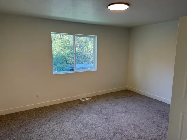 Neutral paint palette with textured carpet flooring, a dual-pane window, and an overhead flush-mount light fixture