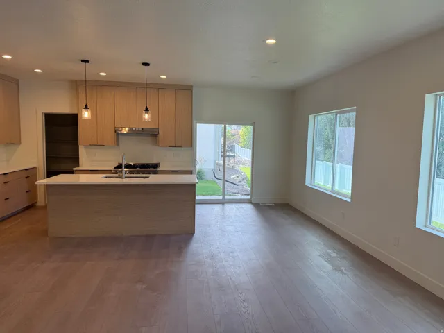 Open-concept living area with wood-finish flooring, a kitchen island, recessed lighting, and a sliding glass door