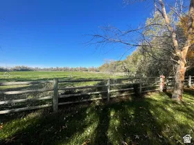 Expansive green field bordered by a rustic wooden fence and mature trees