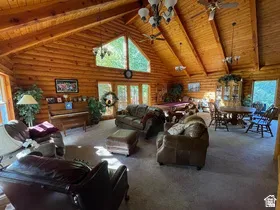 Vaulted wood-paneled ceilings with exposed beams
