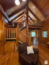 Exposed wood beam construction with a vaulted ceiling