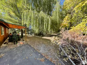 Wood-sided property featuring a covered patio with string lighting and a wood ceiling