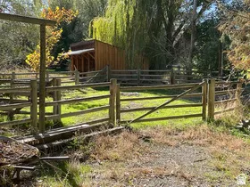 Wooden fence enclosures surrounding a grassed area with a rustic wood shed