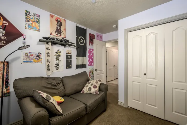 Interior room featuring neutral wall paint, textured ceiling, and carpeted flooring