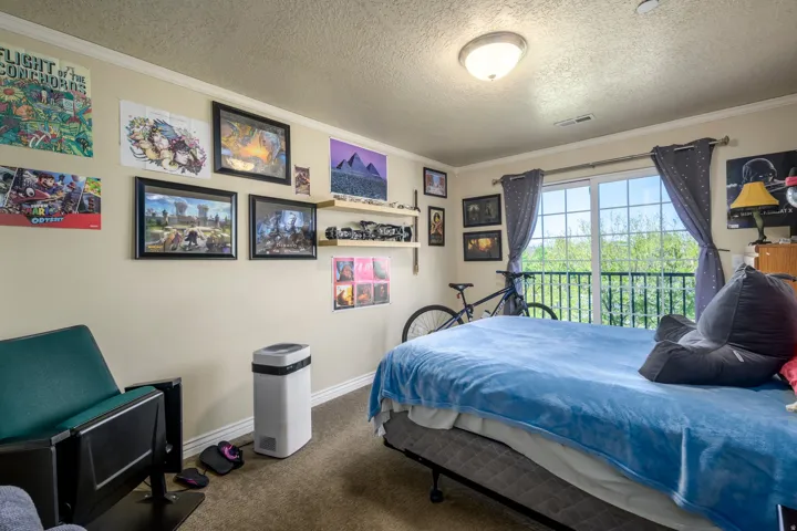 Carpeted room featuring a sliding glass door with grid pattern, opening to a private balcony with black railings