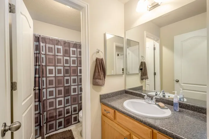 Bathroom vanity featuring a single basin sink and speckled countertop