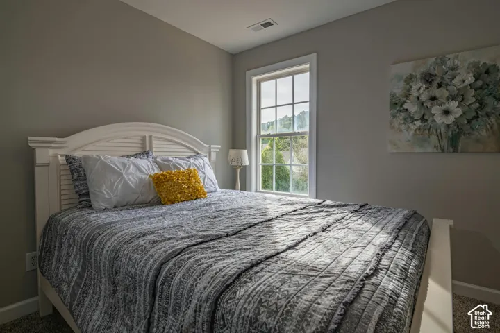 Neutral-toned walls paired with a multi-pane window and wall-to-wall carpeting