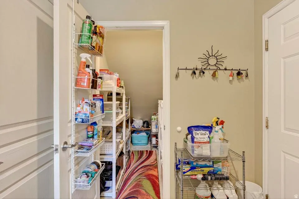 Recessed pantry with custom wire shelving and a textured area rug