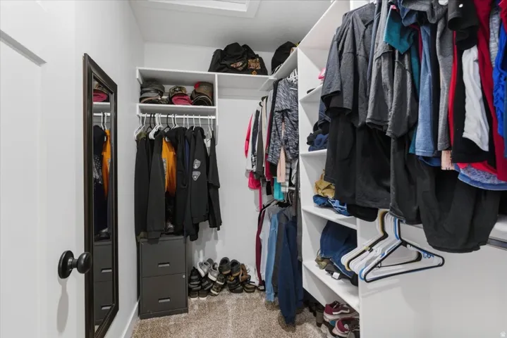 Walk-in closet featuring built-in shelving, hanging rods, and neutral carpet flooring