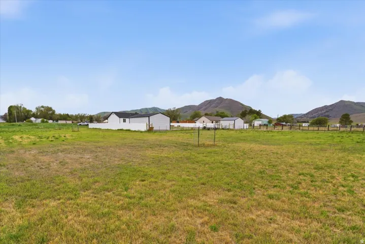 Expansive grassy field with distant mountain range backdrop