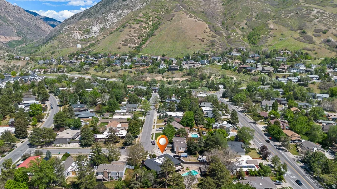 Aerial perspective showcasing a residential neighborhood with mature trees and mountainous terrain in the background