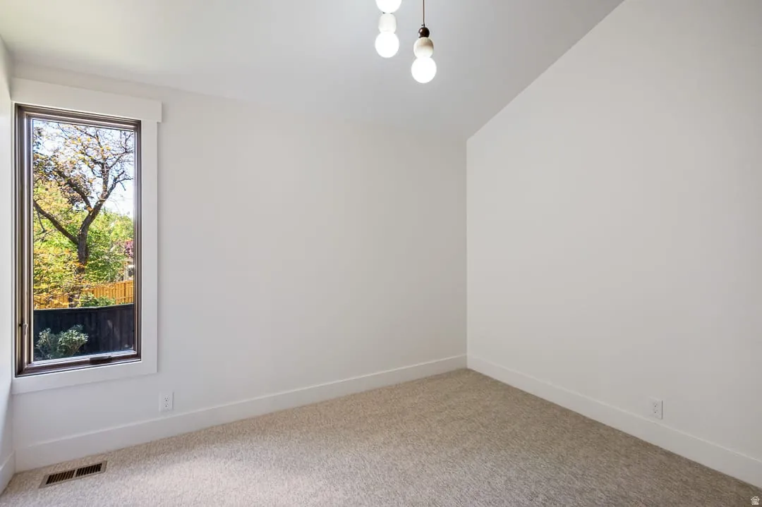 Room featuring a large vertical window, light beige carpeting, white walls, and bright overhead lighting
