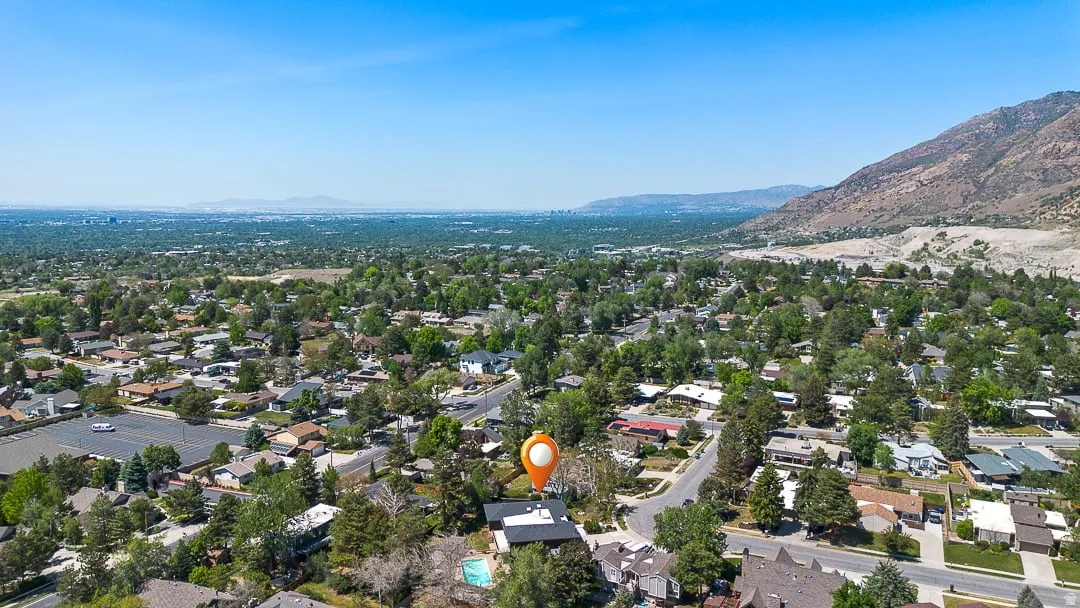 Aerial perspective showcasing a residential neighborhood with mature trees, a mountain backdrop, and distant cityscape