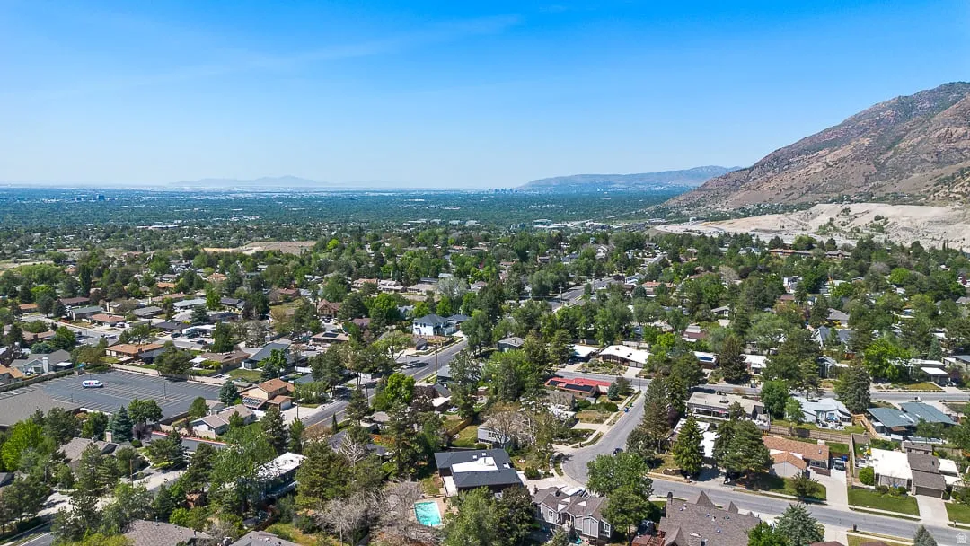 Expansive residential area with mature tree coverage and visible mountain backdrop