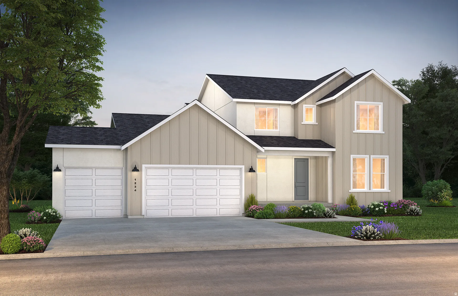 Elevation A Modern farmhouse exterior with a multi-gabled roofline and board-and-batten siding