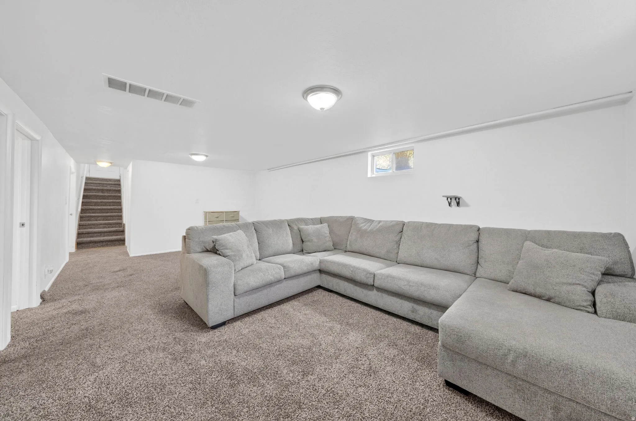 Carpeted recreation room with white walls and ceiling