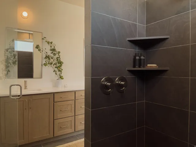 Walk-in shower with dark tile and integrated shelving