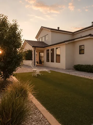 Contemporary exterior featuring a neutral stucco finish and dark tile roofing