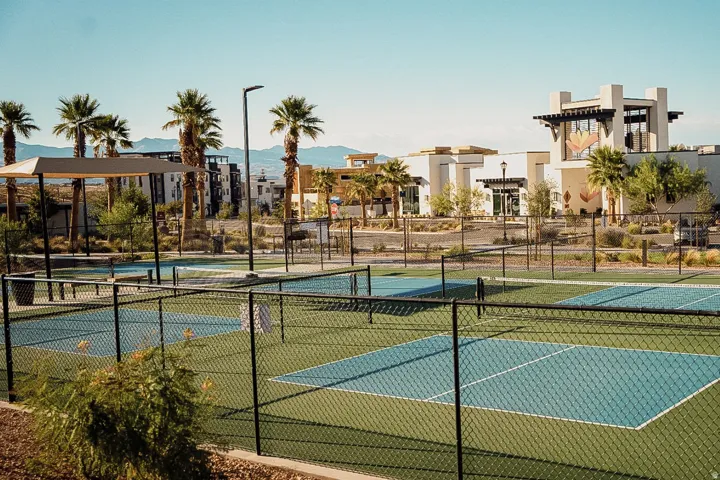 Multiple pickleball courts with black fencing, surrounded by desert landscaping and palm trees