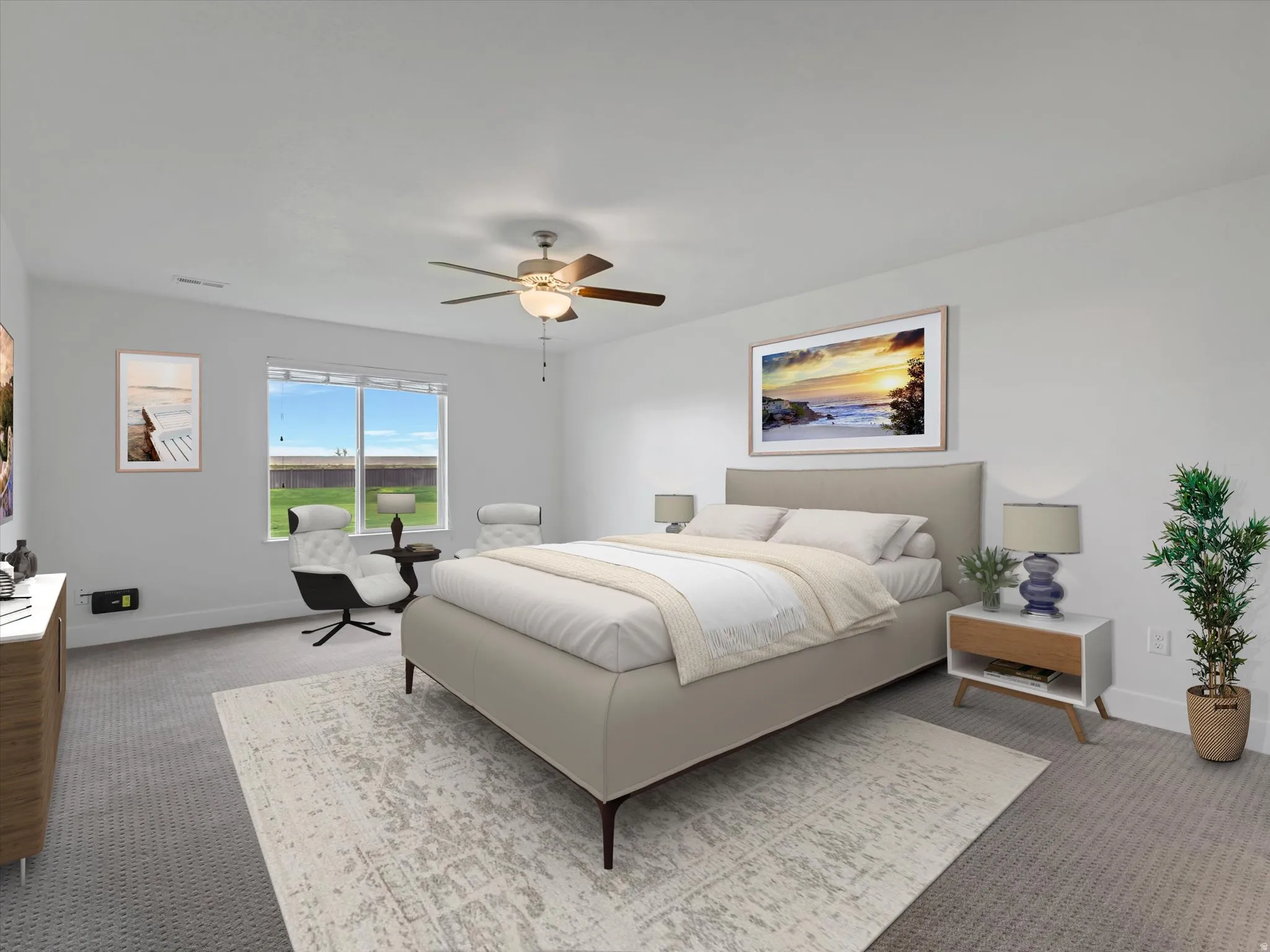 Carpeted bedroom featuring a large window, neutral wall paint, and a ceiling fan with integrated lighting
