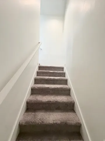 Carpeted staircase with light-toned walls and a white handrail