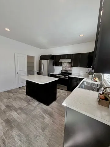 Kitchen featuring dark cabinetry, light-toned countertops, a center island, stainless steel appliances, and wood-finish flooring