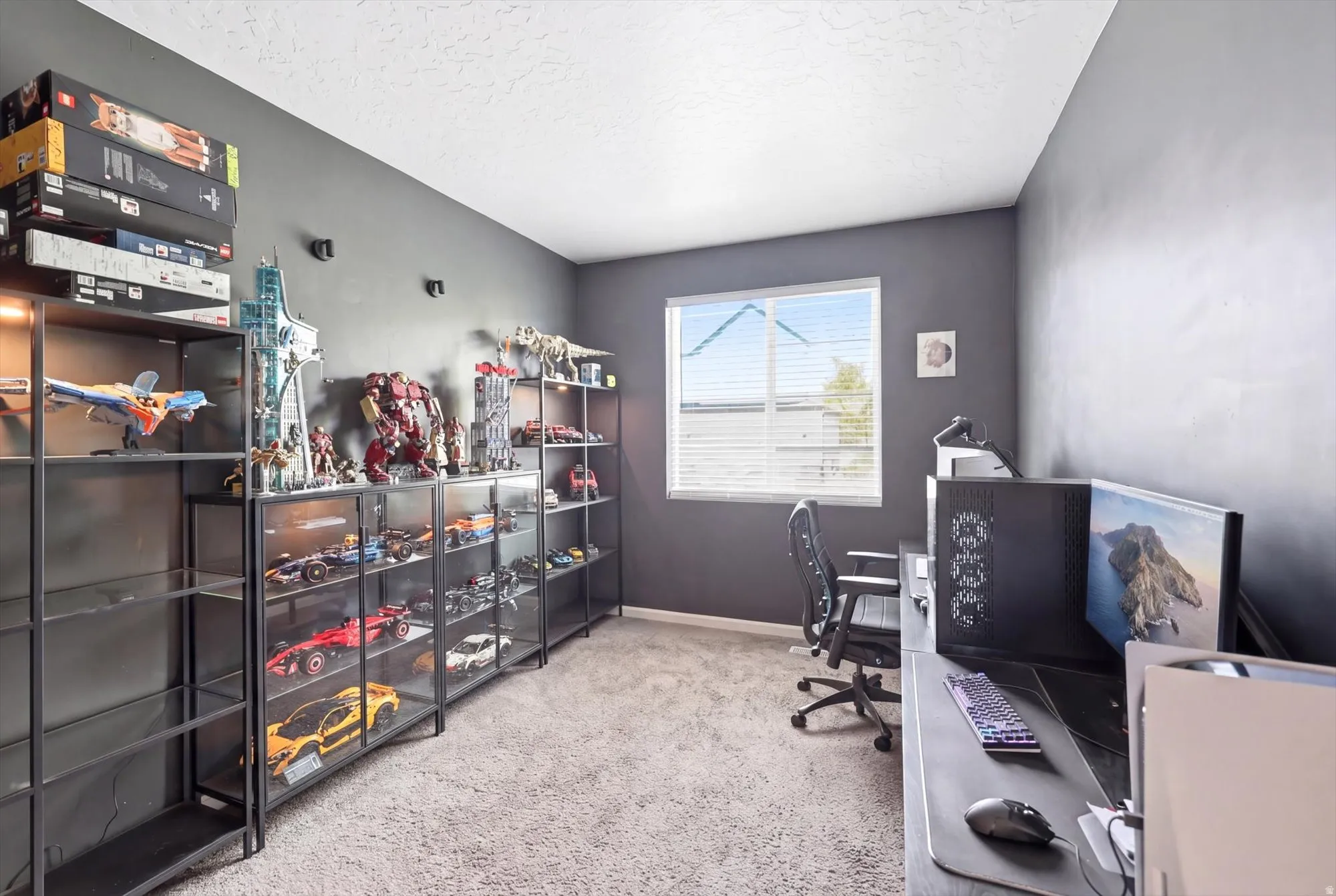 Dedicated room with dark gray walls, light carpet, and a white ceiling
