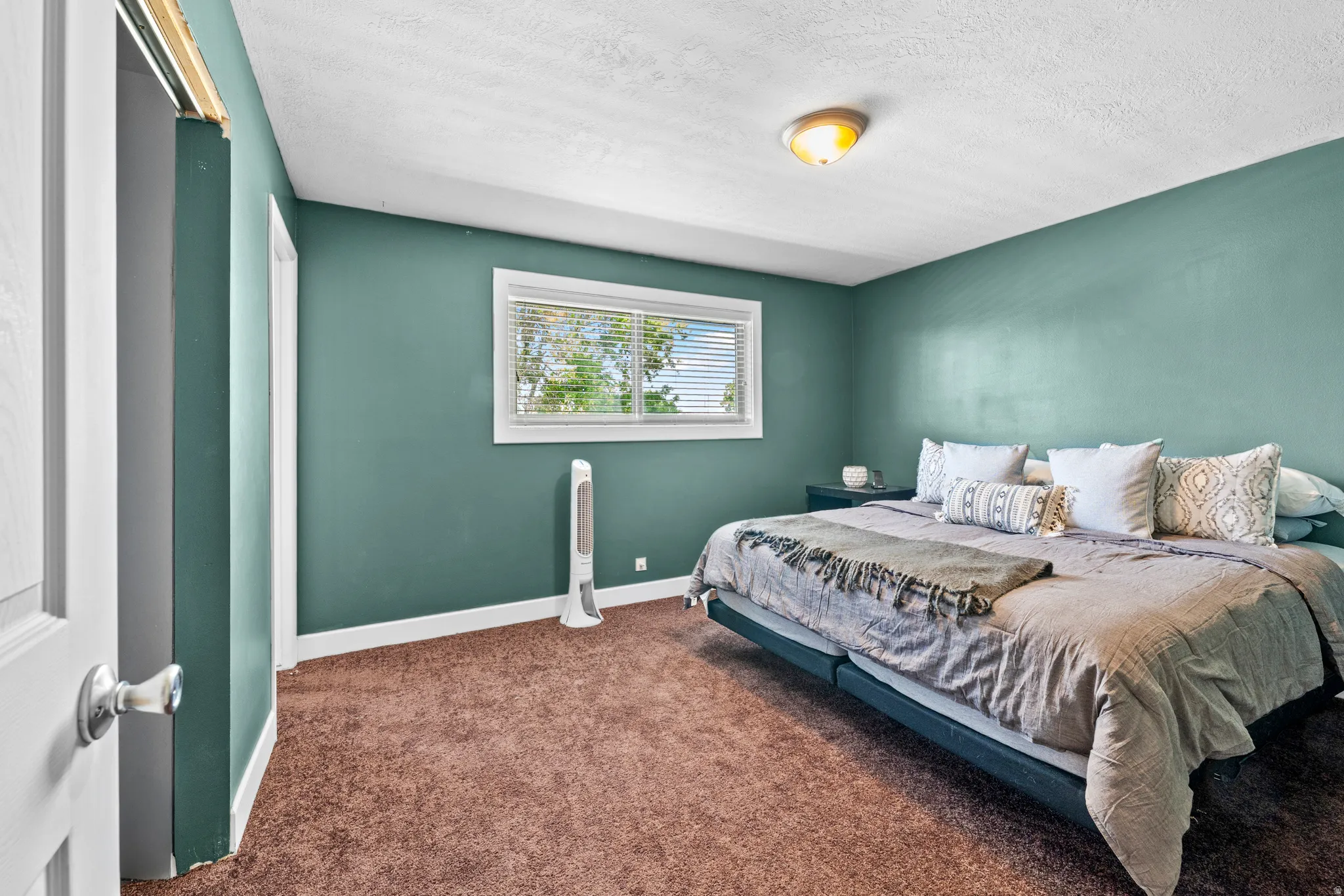 Spacious room featuring rich teal walls, brown carpeting, and a white ceiling